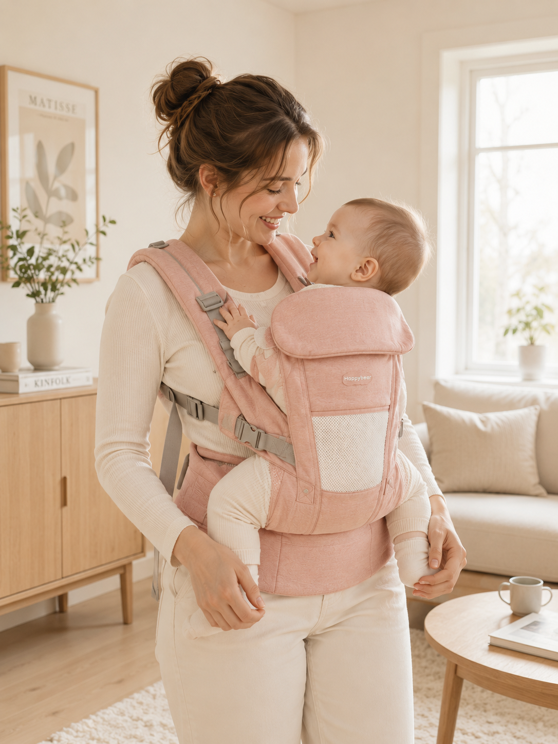 Mother using pink baby carrier in cozy living room