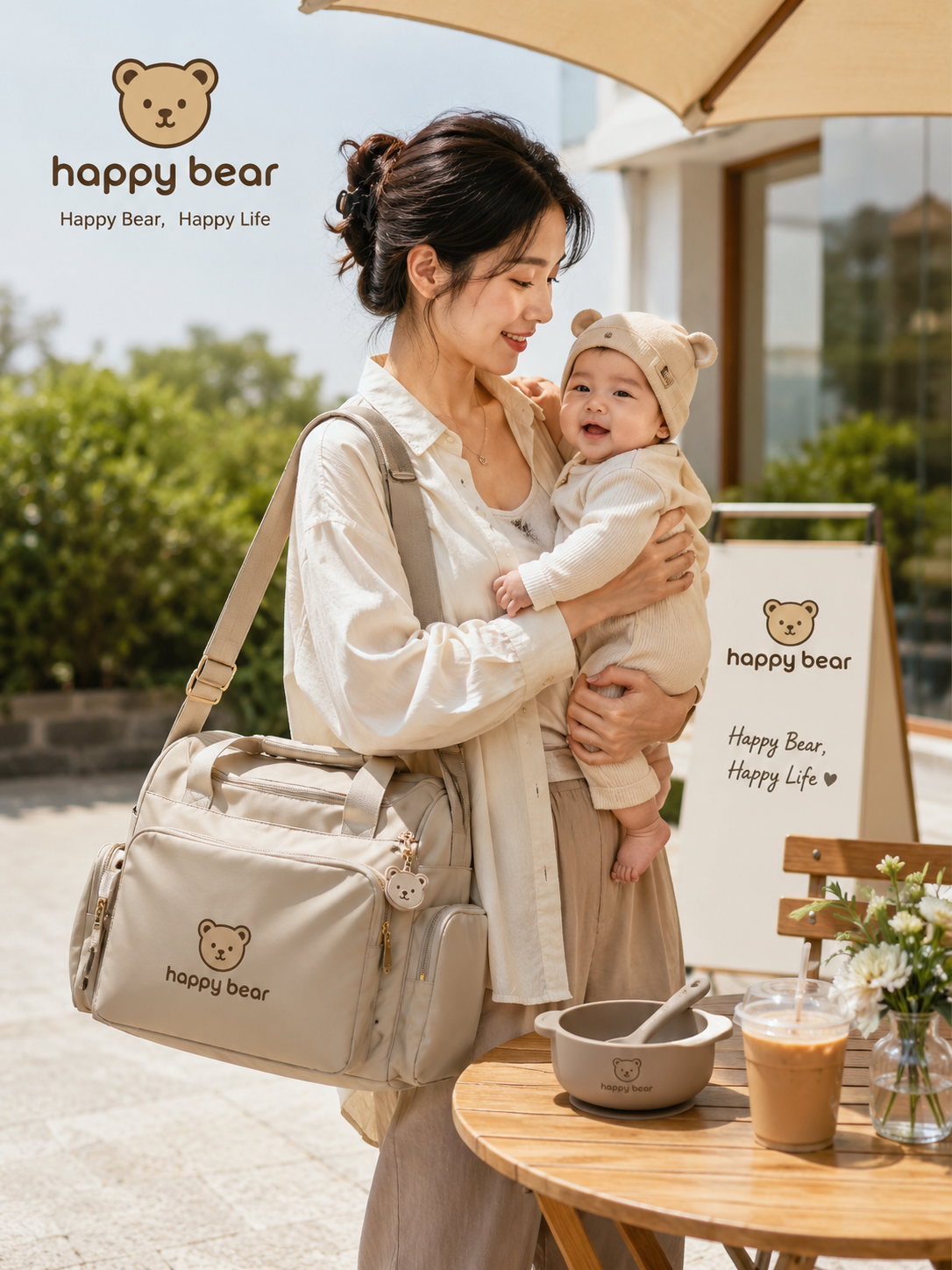 Mother with diaper bag, baby and silicone bowl at outdoor cafe