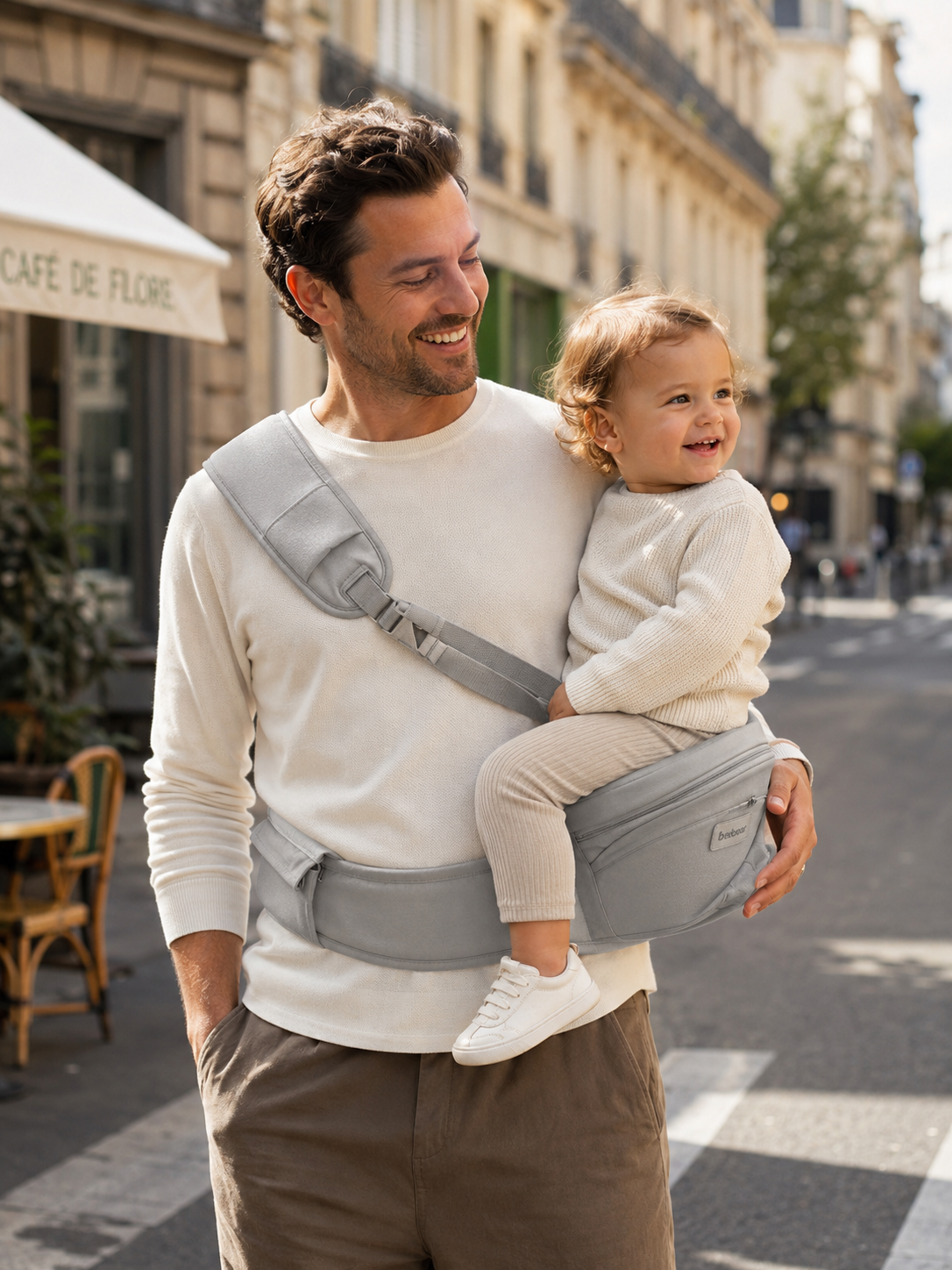 Father using hip seat carrier with toddler on city street