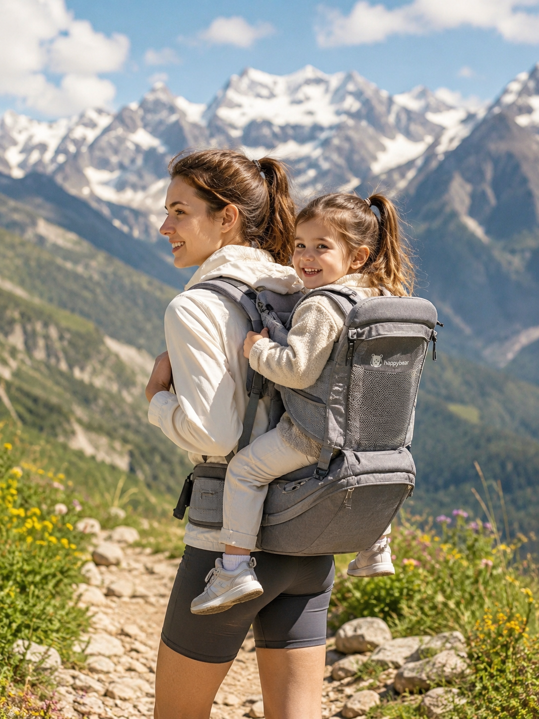 Mother hiking with toddler in carrier on mountain trail